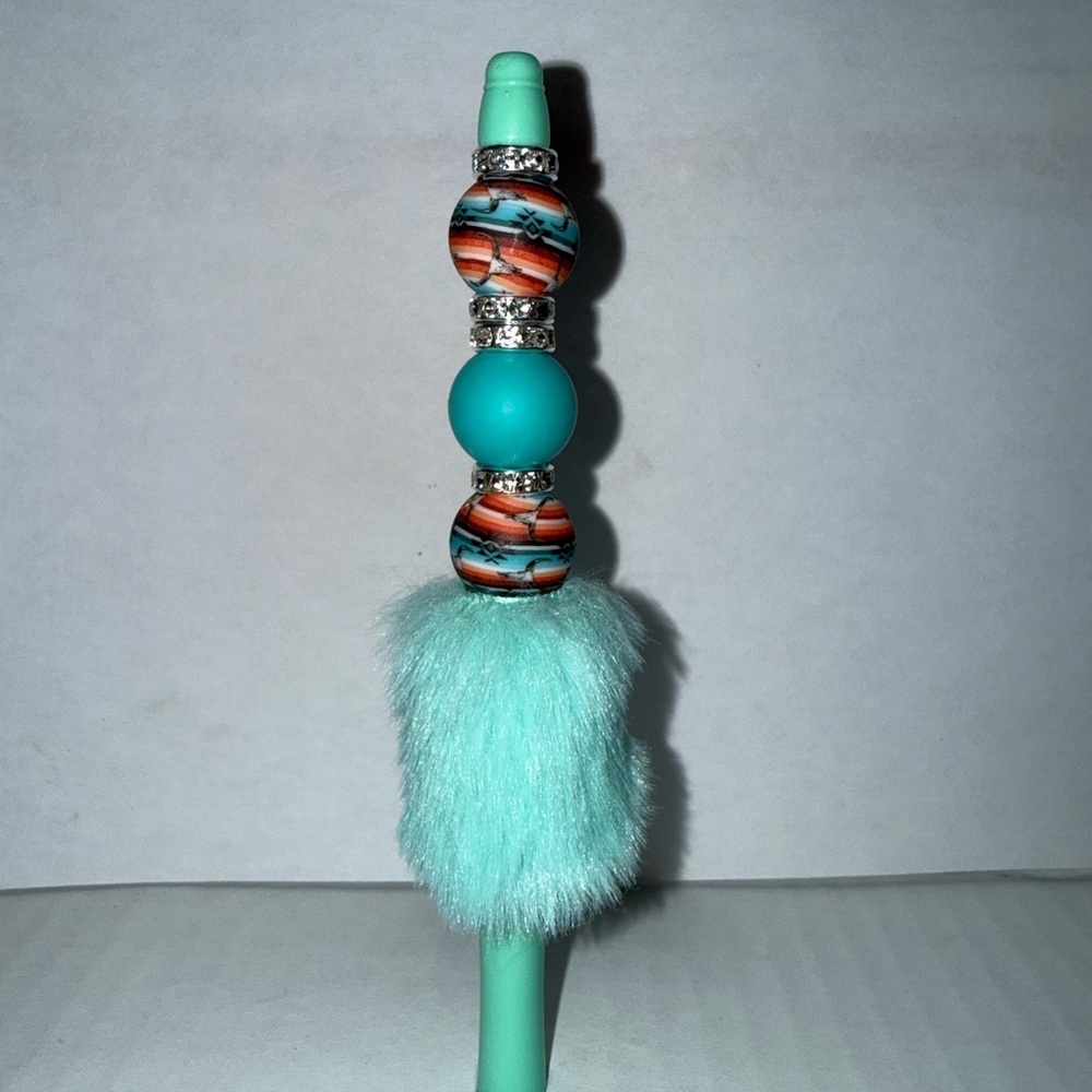 Handmade Beaded Pen- light turquoise pen with silicone beads and fuzzy base